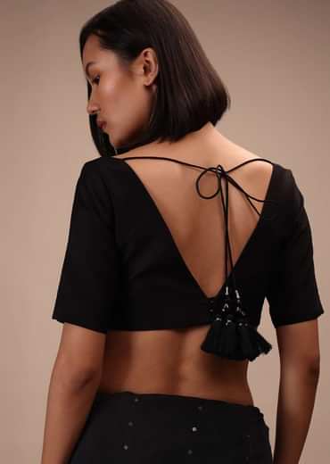 Black Half Sleeves Blouse In Curved V-Neckline Tie-Up Tassel Dori With Back Hook Closure