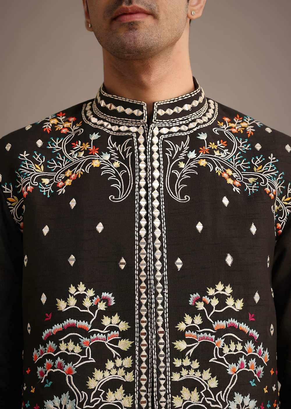 Black Hand Embellished Mirror Work Jacket And Kurta Set In Silk