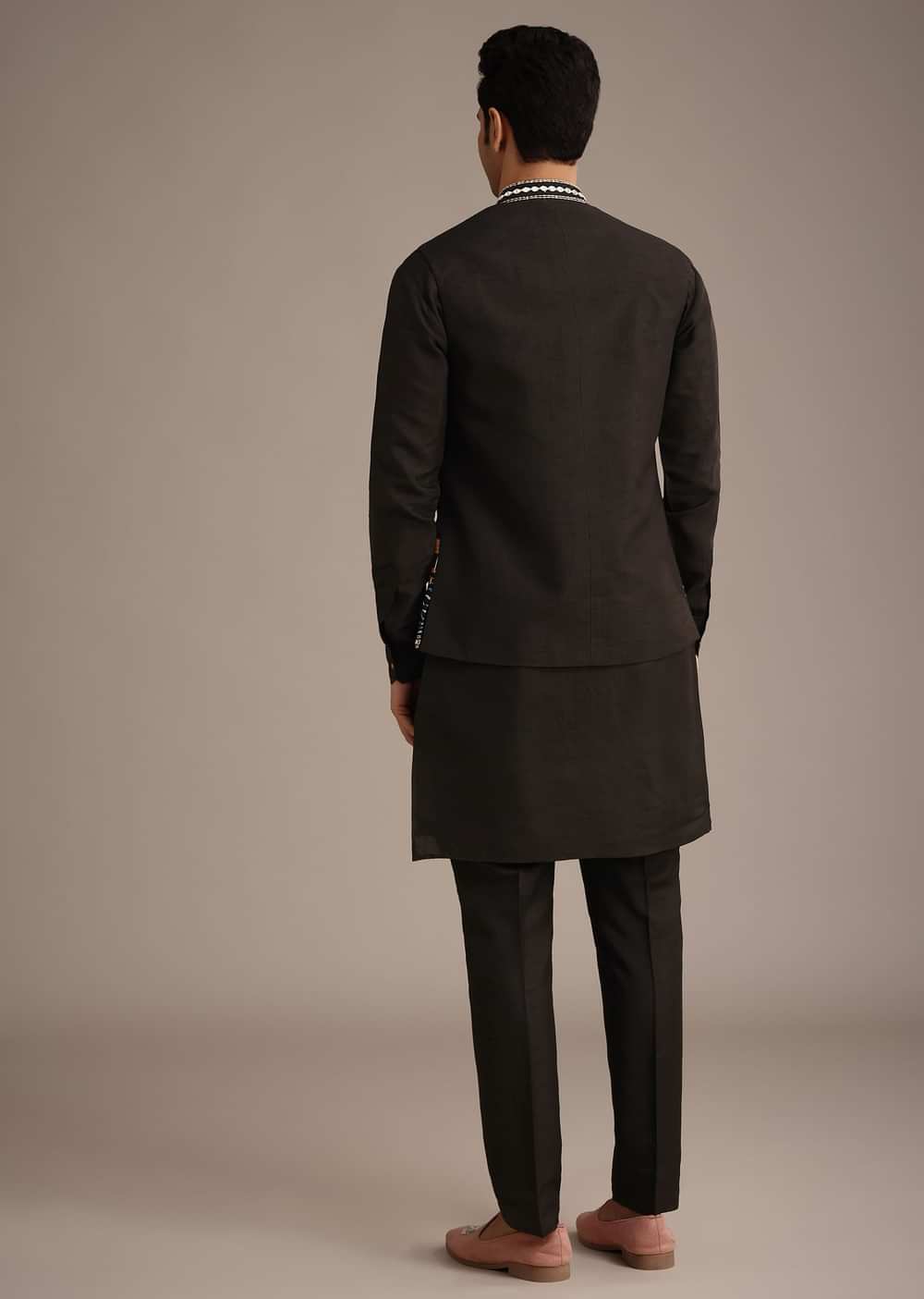 Black Hand Embellished Mirror Work Jacket And Kurta Set In Silk