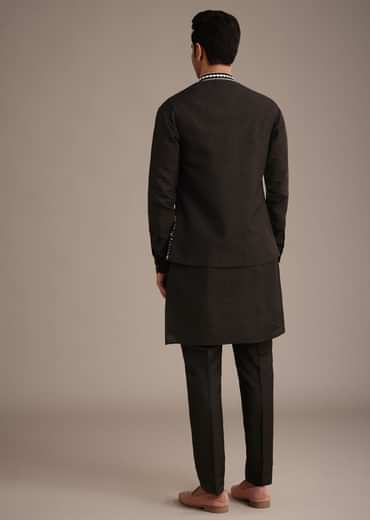 Black Hand Embellished Mirror Work Jacket And Kurta Set In Silk