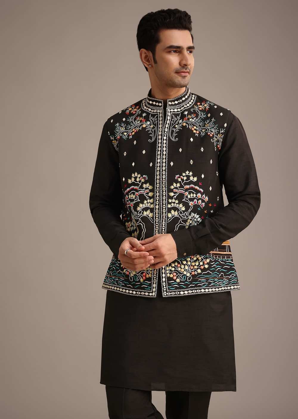 Black Hand Embellished Mirror Work Jacket And Kurta Set In Silk