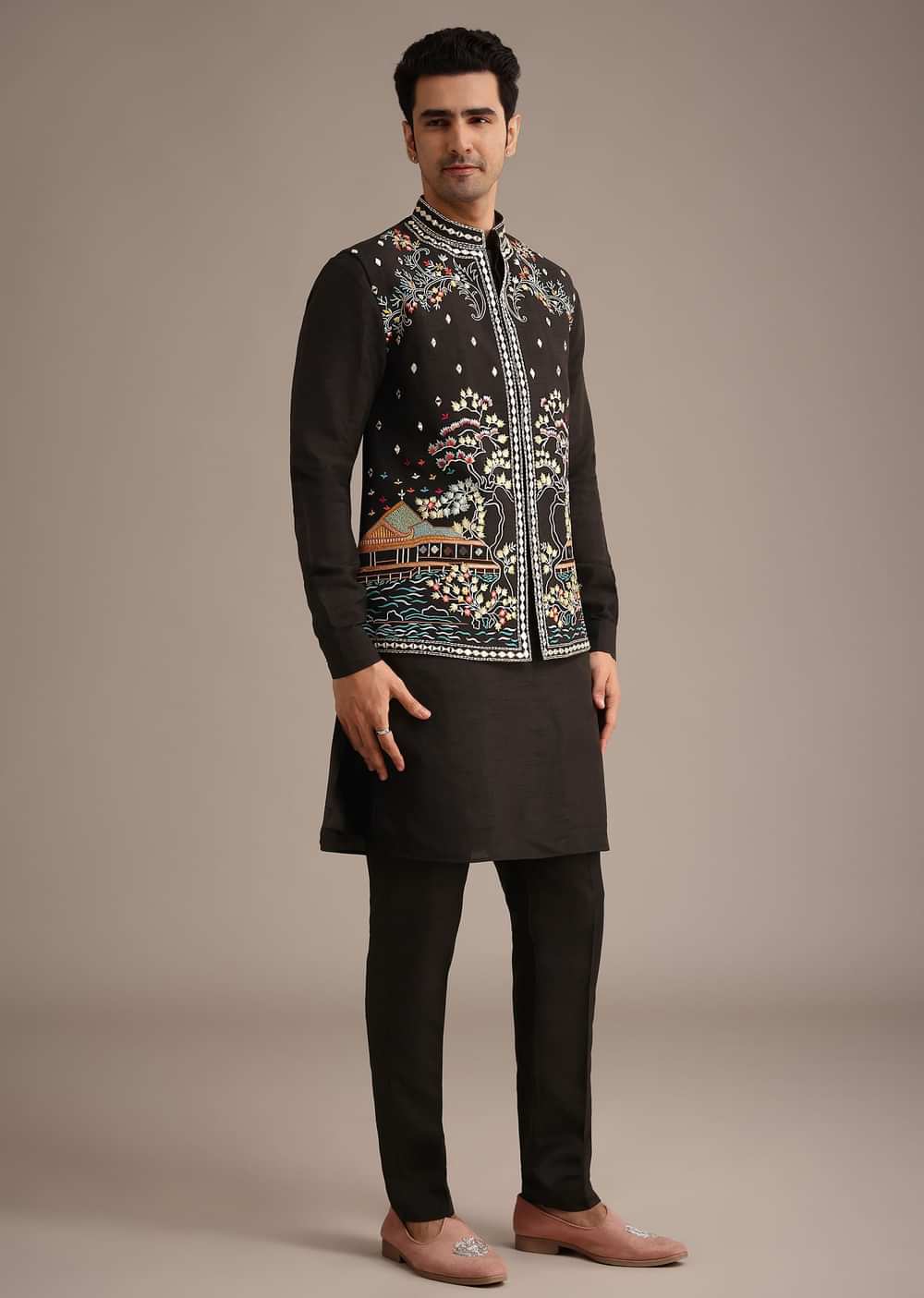 Black Hand Embellished Mirror Work Jacket And Kurta Set In Silk
