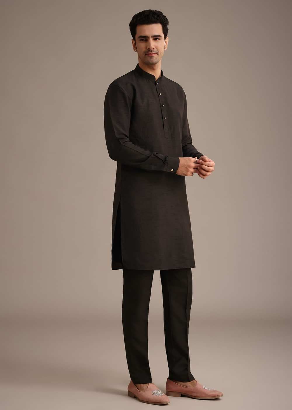 Black Hand Embellished Mirror Work Jacket And Kurta Set In Silk