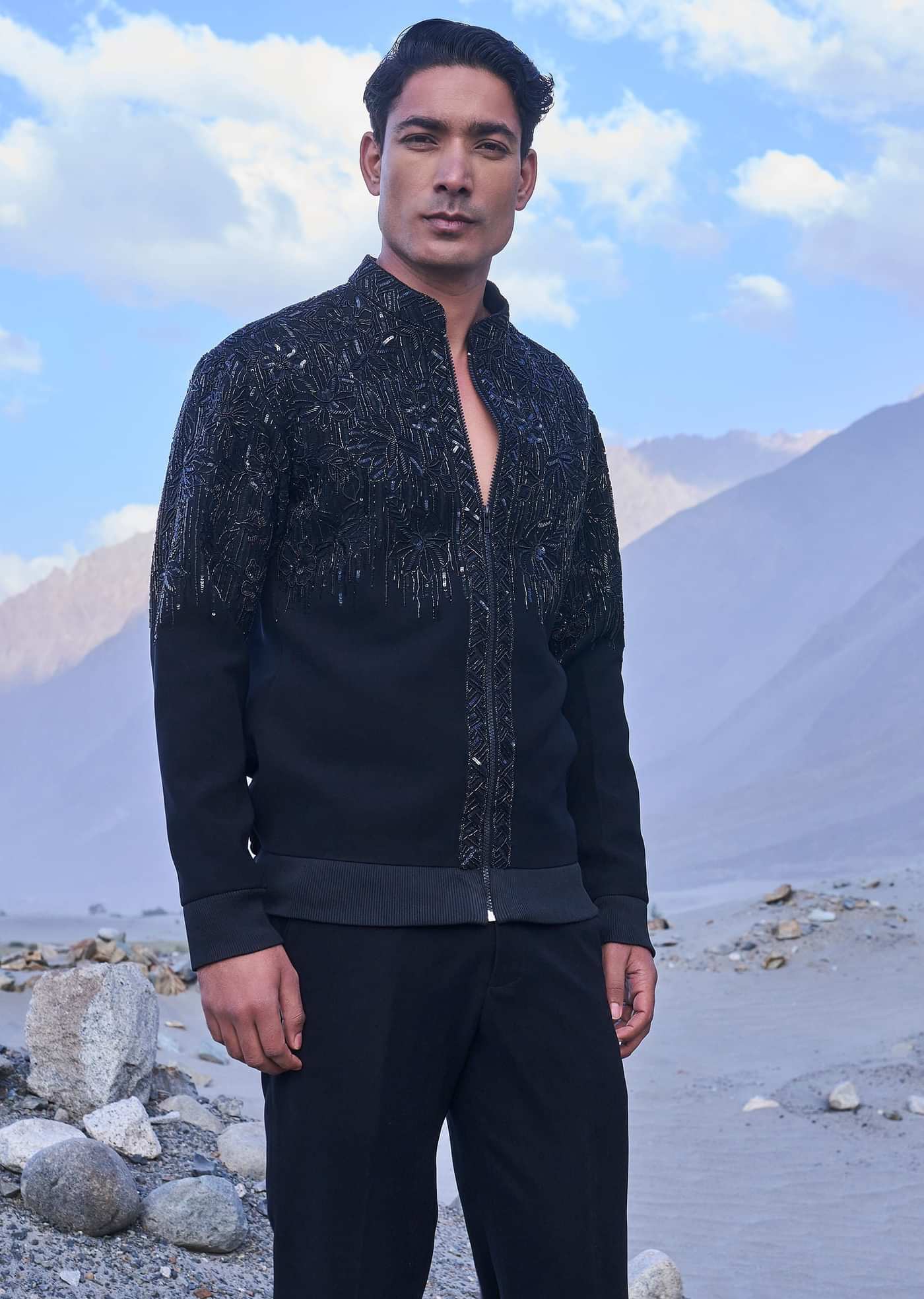 Black Hand Embroidered Full Sleeve Bomber Jacket And Pants