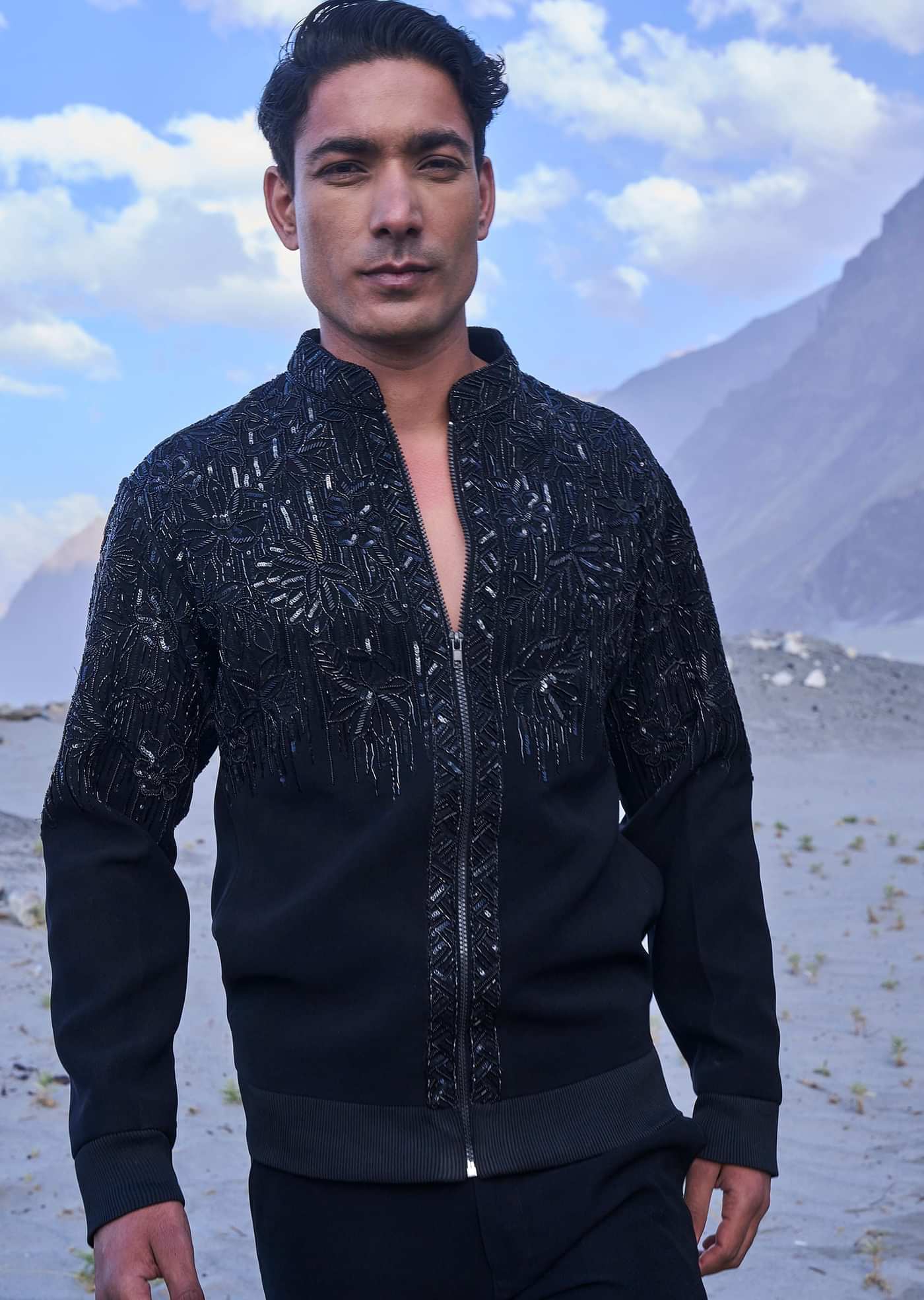 Black Hand Embroidered Full Sleeve Bomber Jacket And Pants