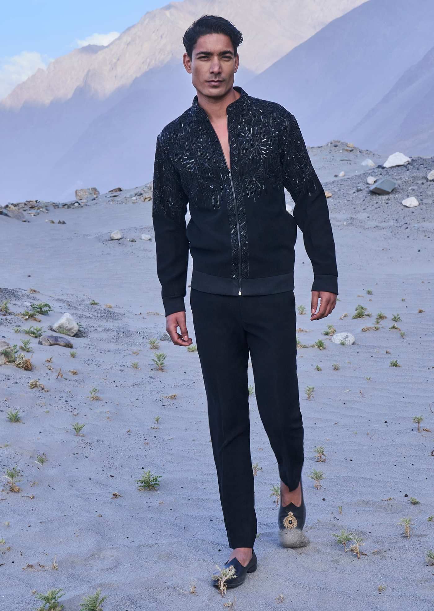 Black Hand Embroidered Full Sleeve Bomber Jacket And Pants