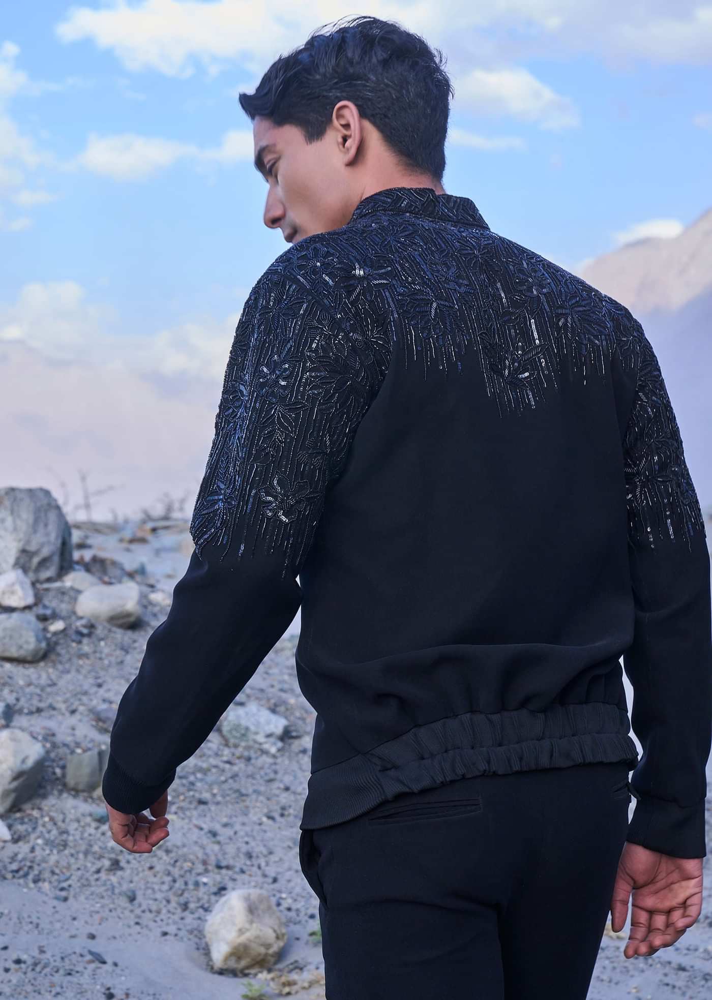 Black Hand Embroidered Full Sleeve Bomber Jacket And Pants