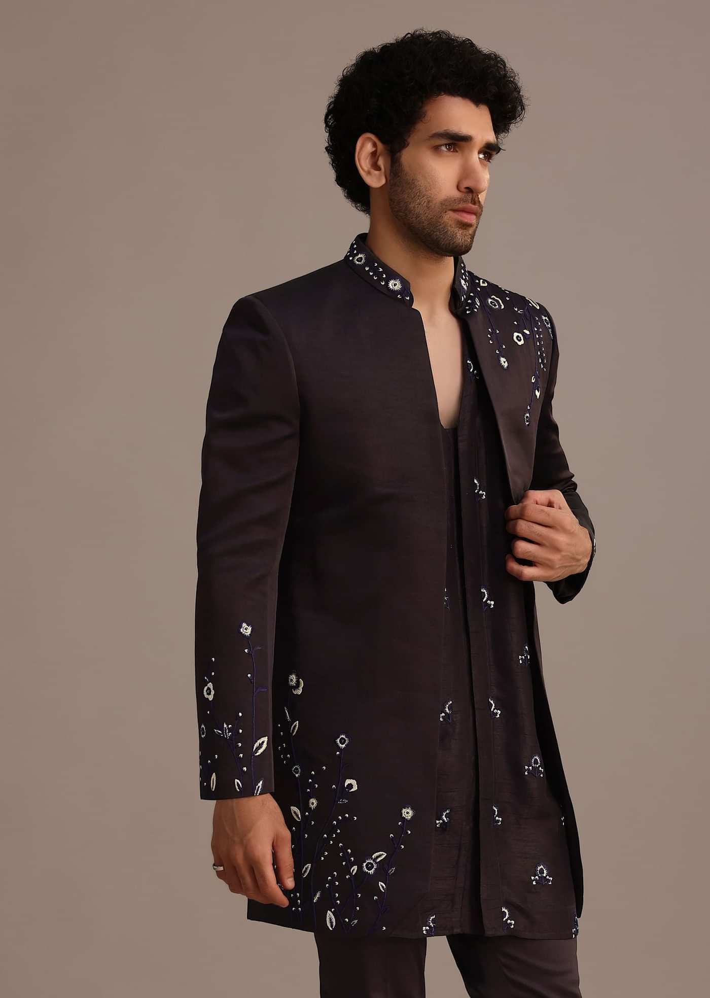 Black Hand Embroidered Indo Western Set in Silk Blend