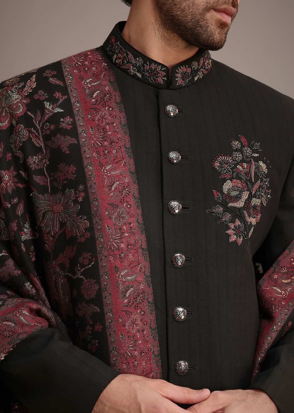 Black Hand Work Sherwani Suit With Dupatta