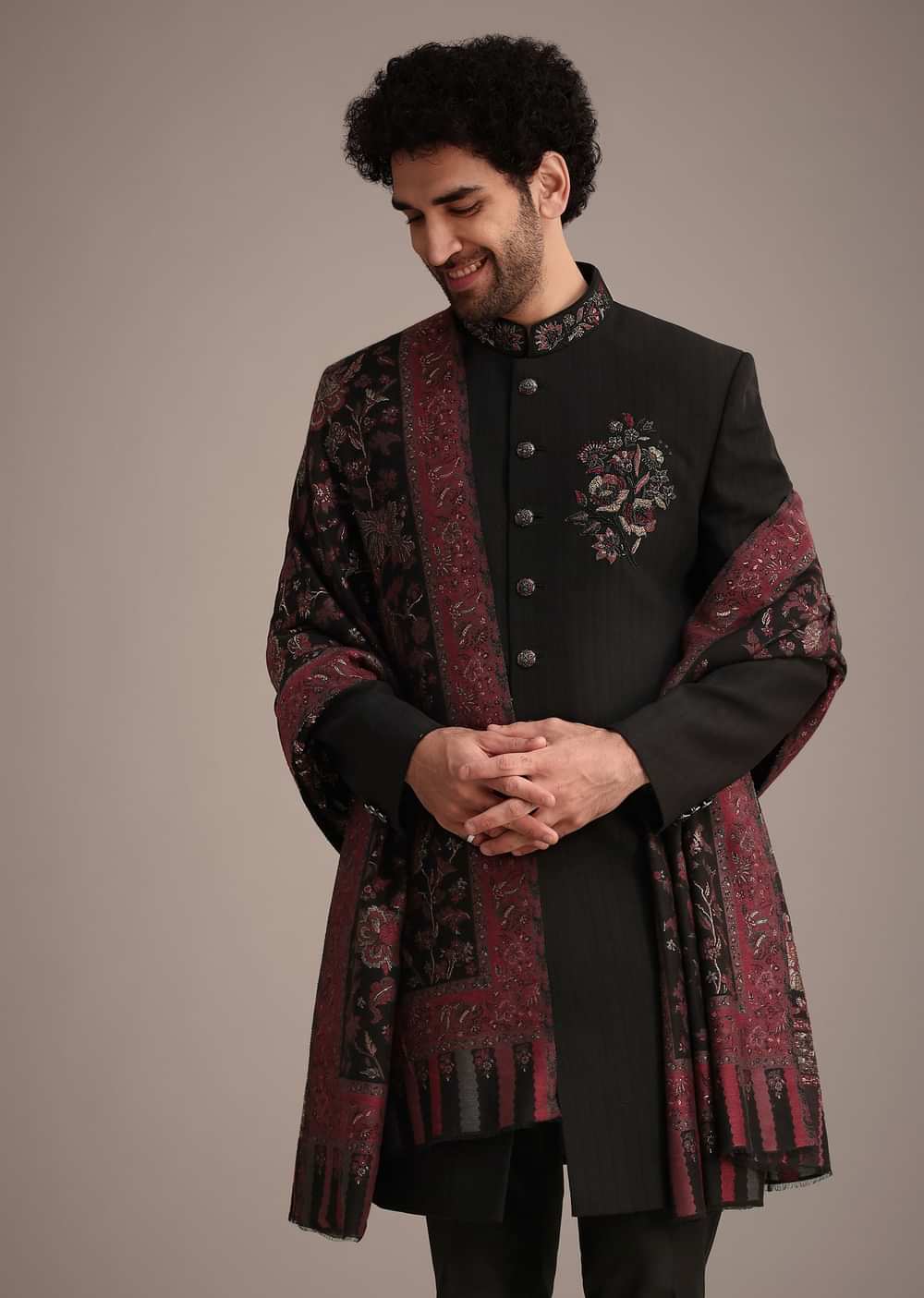 Black Hand Work Sherwani Suit With Dupatta
