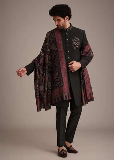 Black Hand Work Sherwani Suit With Dupatta