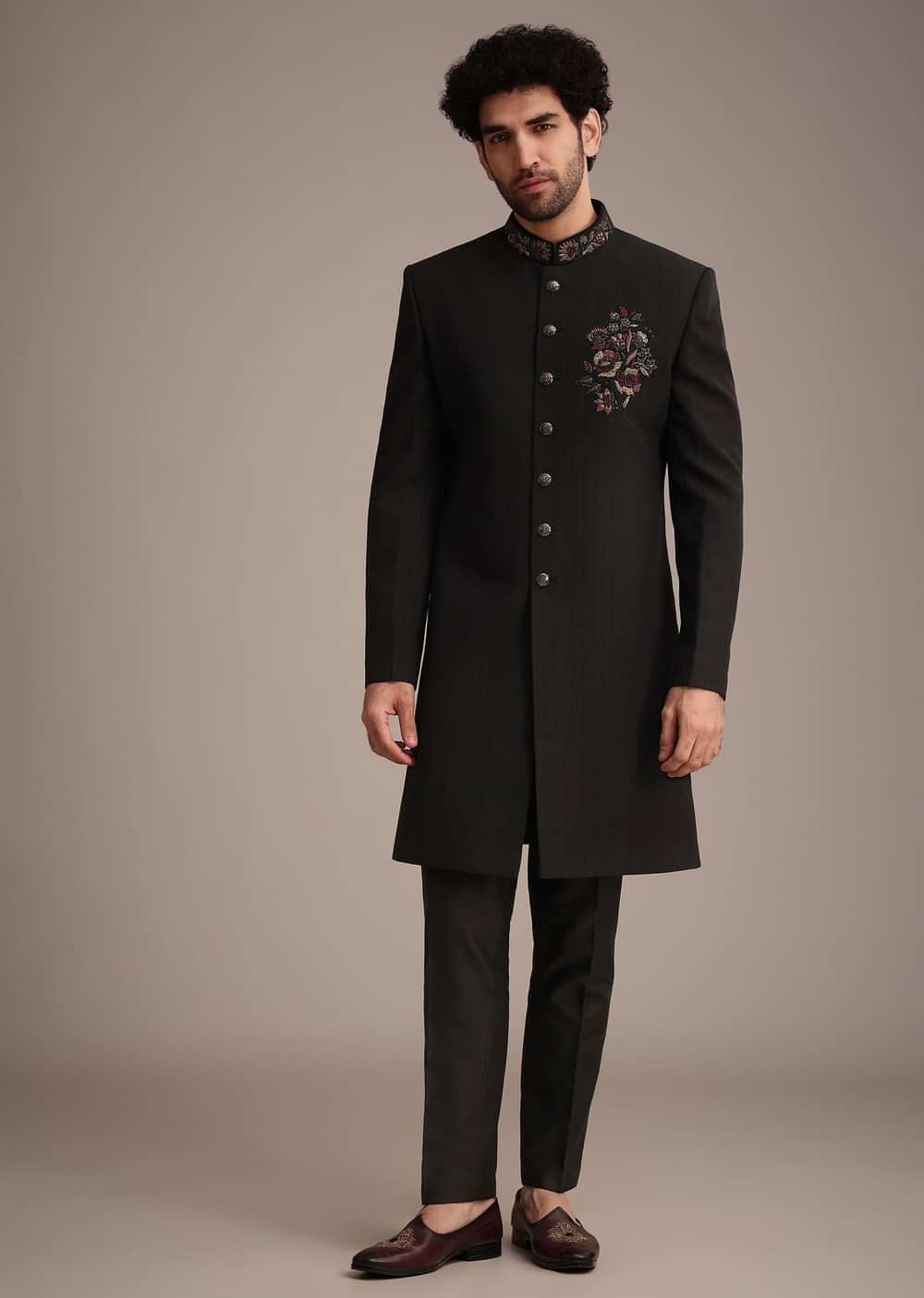 Black Hand Work Sherwani Suit With Dupatta