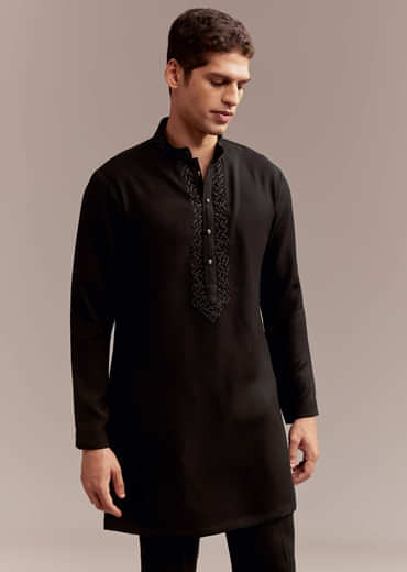 Black Indo Western Kurta Set For Men With Resham And Bead Embroidery