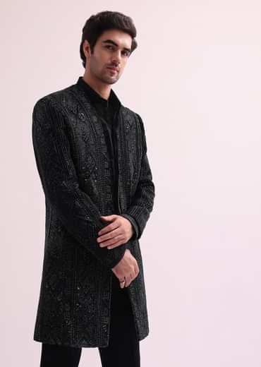 Black Indo Western Lapel Jacket With Shirt And Pant
