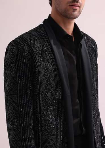 Black Indo Western Lapel Jacket With Shirt And Pant