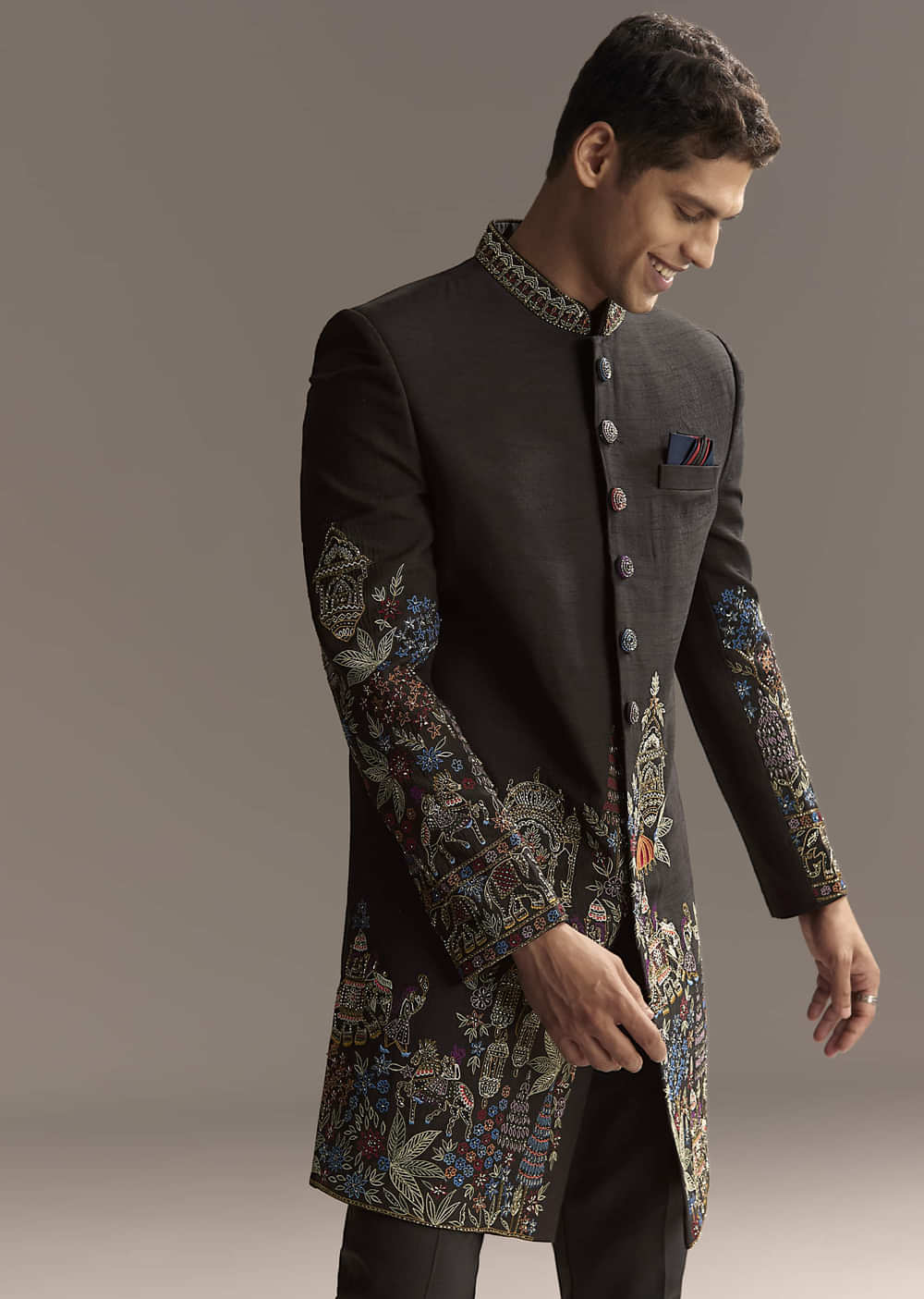 Black Indo Western Set For Men With Heavy Hand Embroidery