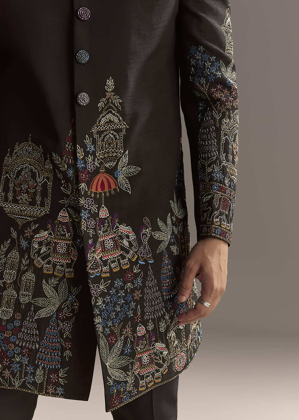 Black Indo Western Set For Men With Heavy Hand Embroidery