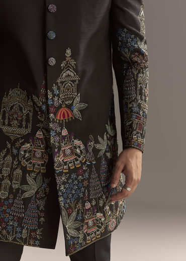 Black Indo Western Set For Men With Heavy Hand Embroidery