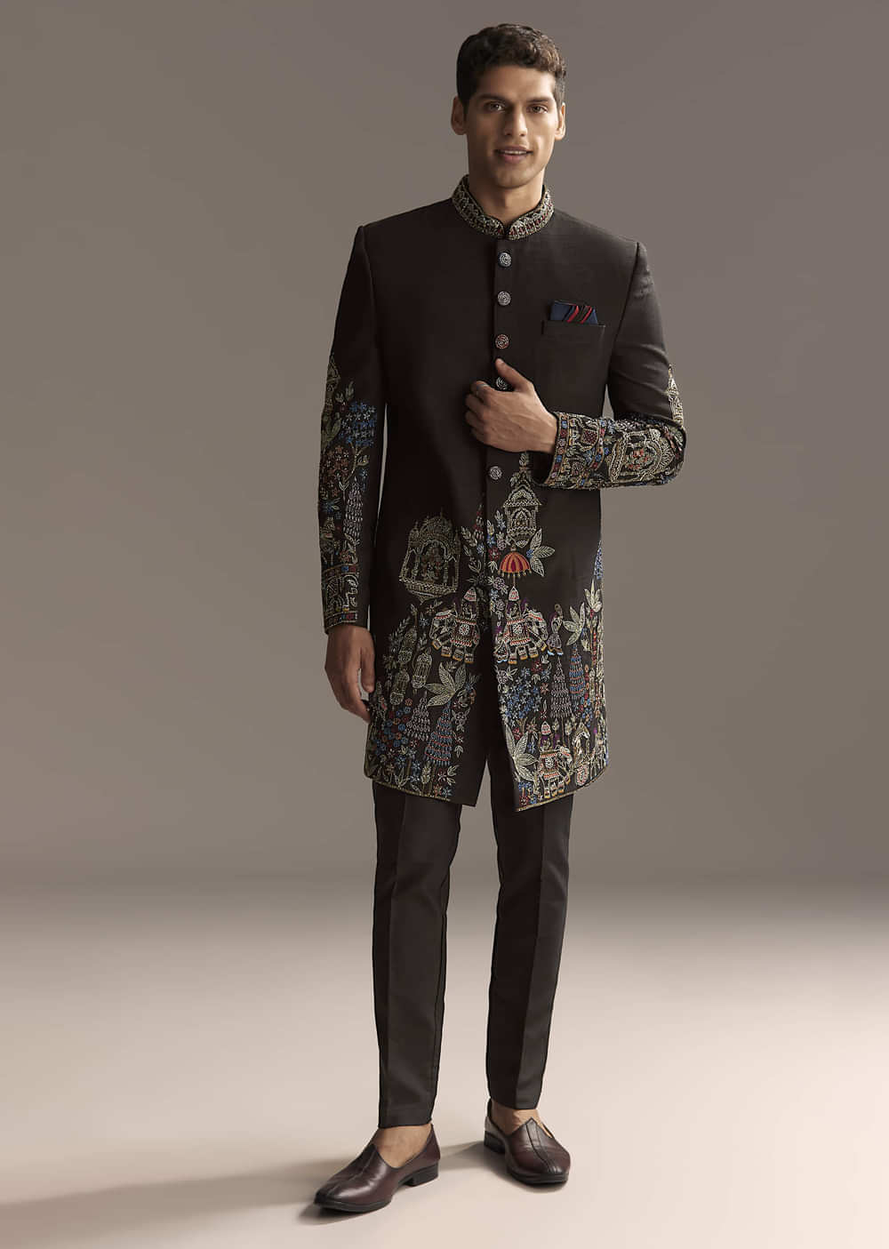 Black Indo Western Set For Men With Heavy Hand Embroidery