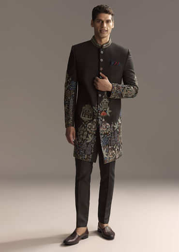Black Indo Western Set For Men With Heavy Hand Embroidery