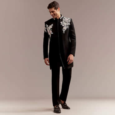 Black Indo Western Set For Men With Multicolour Embroidery