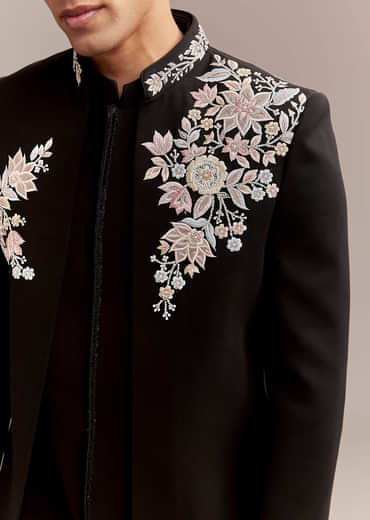 Black Indo Western Set For Men With Multicolour Embroidery