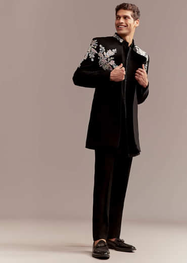 Black Indo Western Set For Men With Multicolour Embroidery