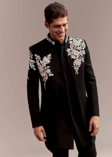Black Indo Western Set For Men With Multicolour Embroidery