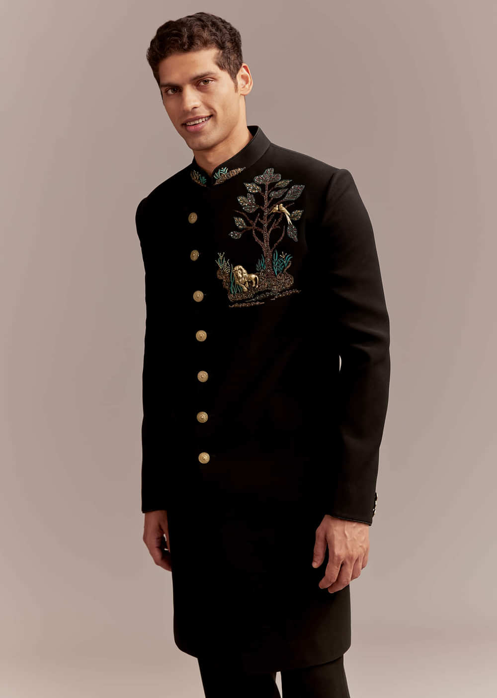 Black Indo Western Set For Men With Nawabi Brooch And Embroidery