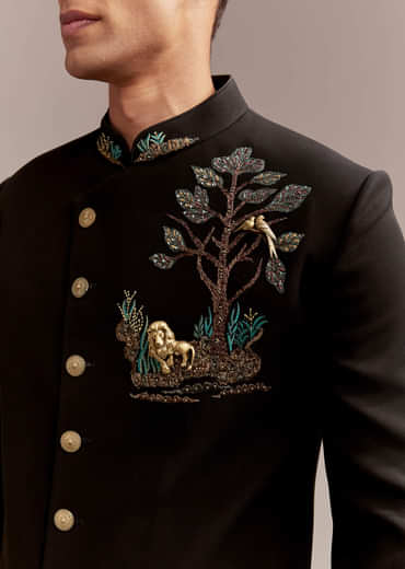 Black Indo Western Set For Men With Nawabi Brooch And Embroidery