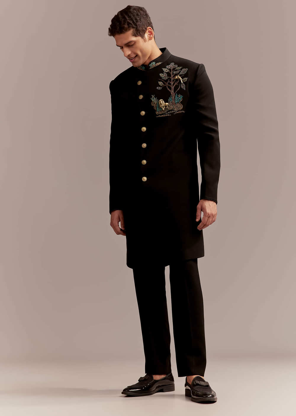 Black Indo Western Set For Men With Nawabi Brooch And Embroidery