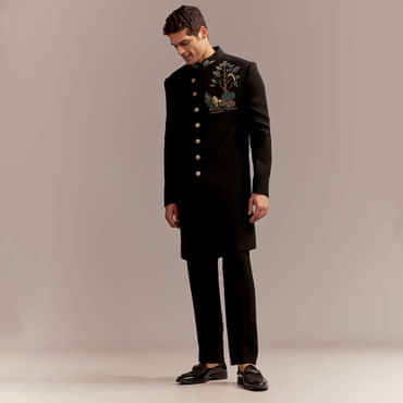 Black Indo Western Set For Men With Nawabi Brooch And Embroidery