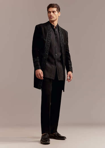 Black Indo Western Set For Men With Tonal Embroidery