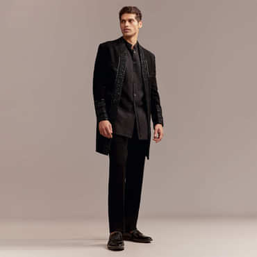 Black Indo Western Set For Men With Tonal Embroidery