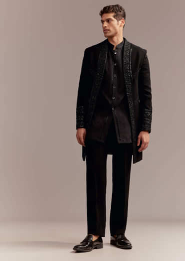 Black Indo Western Set For Men With Tonal Embroidery