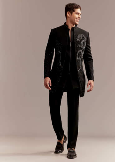 Black Indo Western Set For Men With Zardosi Dragon Motif