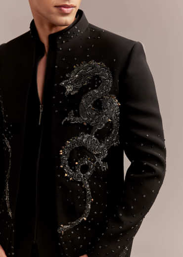 Black Indo Western Set For Men With Zardosi Dragon Motif