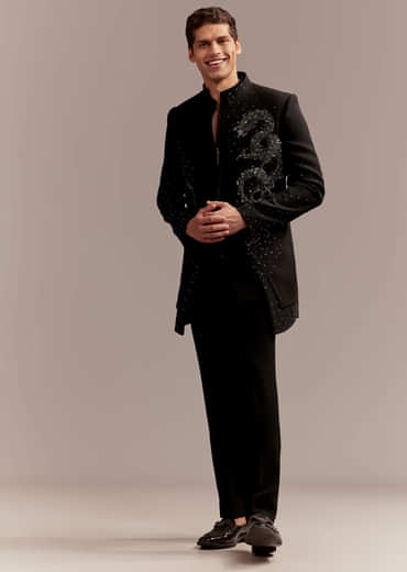 Black Indo Western Set For Men With Zardosi Dragon Motif