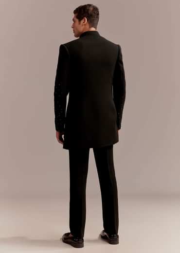 Black Indo Western Set For Men With Zardosi Dragon Motif