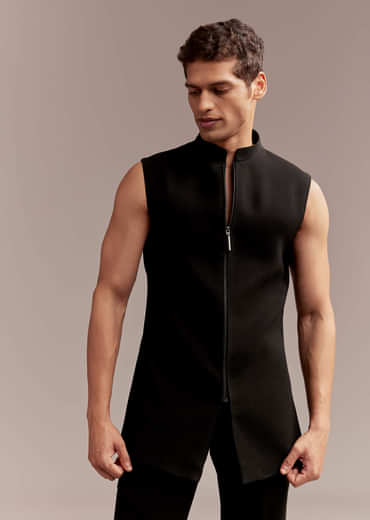 Black Indo Western Set For Men With Zardosi Dragon Motif