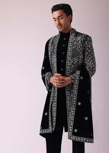 Black Sherwani In Velvet With Thread Embroidery