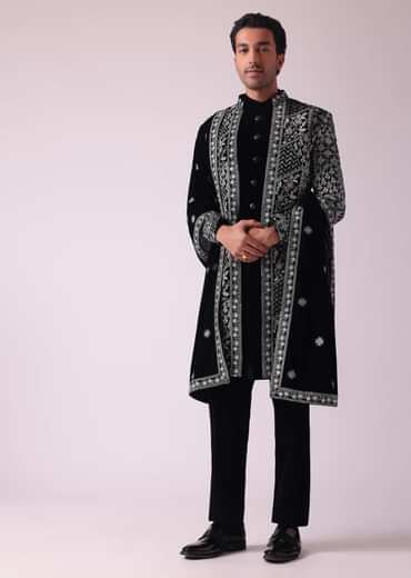 Black Sherwani In Velvet With Thread Embroidery