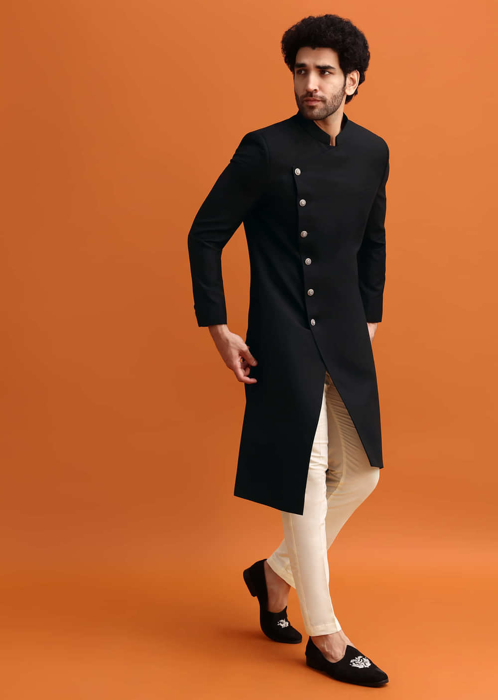 Black Indowestern Set With Style Cut For Men