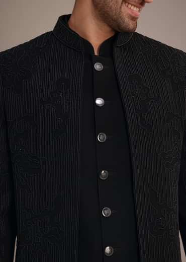 Black Indowestern Suit With Poth Work