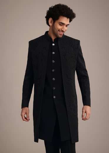 Black Indowestern Suit With Poth Work