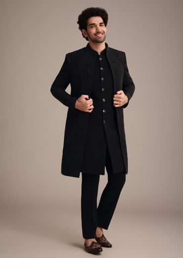 Black Indowestern Suit With Poth Work