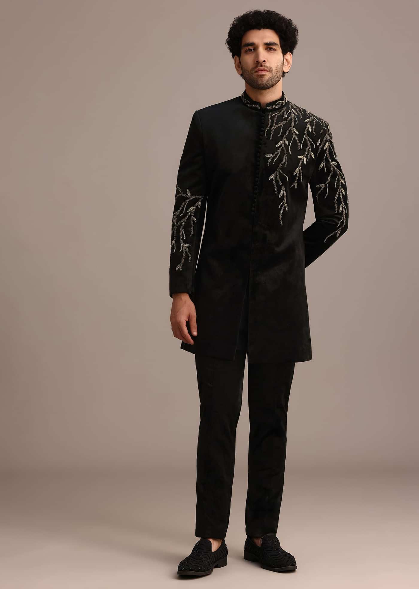 Black Jacquard Indo Western Set with Zardozi Work