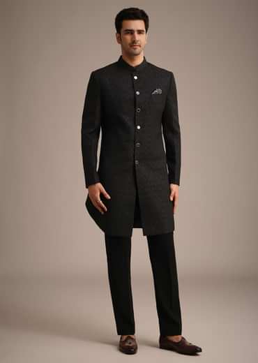 Black Jacquard Silk Indowestern Set