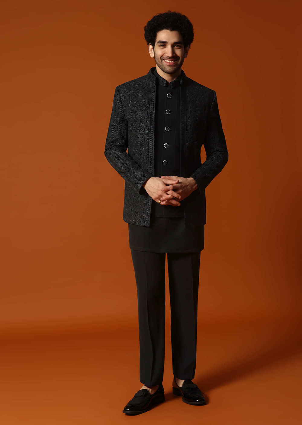 Black Jodhpuri Set In Resham Work For Men