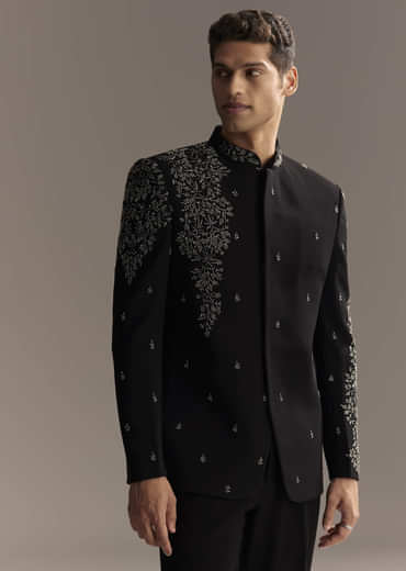 Black Jodhpuri Suit For Men With Heavy Hand Embroidery